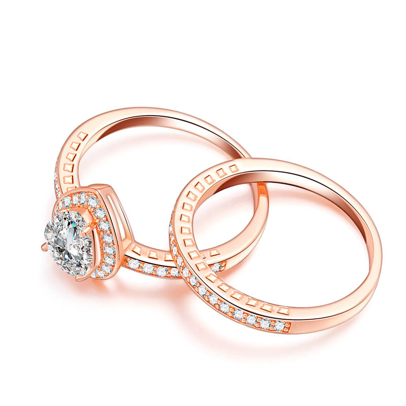 women wedding Rainbow couple heart 4ct zircon pink rose Gold Filled engagement ring set alliance