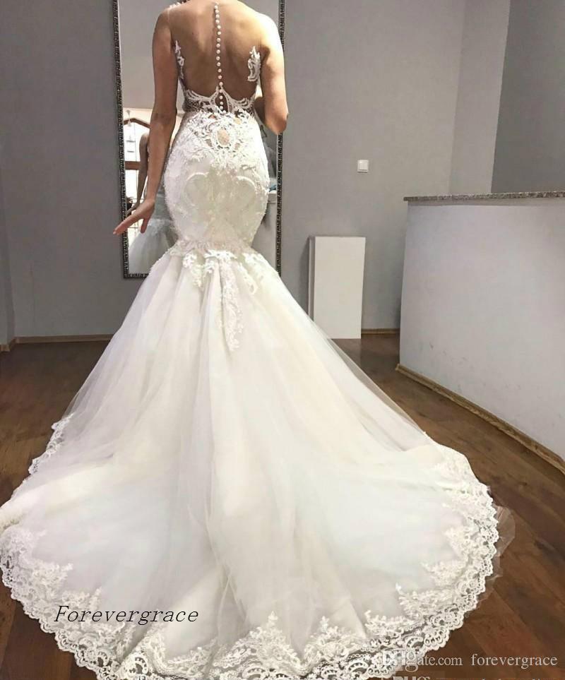 2019 Sexy Illusion Mermaid Wedding Dress Vintage Arabic Sheer Neck Lace Appliques Long Bridal Gown Plus Size Custom Made