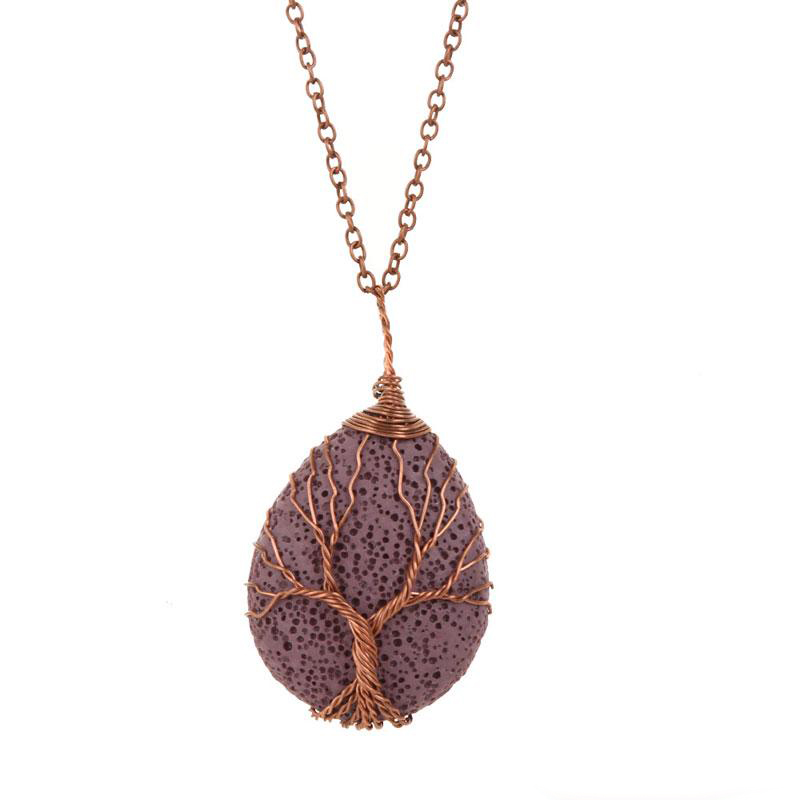 New Natural Lava Stone Diffuser Copper Wire Alloy Wrapped Water Drop Volcanic Rock Tree of Life Aromatherapy Pendant Necklaces Jewelry