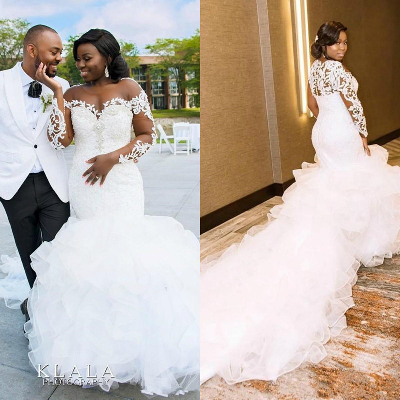 Cascading Ruffles Cathedral Train Mermaid Wedding Dresses with Long Sleeve 2020 Lace Beaded Plus Size African Wedding Gown, Silver
Cascading Ruffles Cathedral Train Mermaid Wedding Dresses with Long Sleeve 2020 Lace Beaded Plus Size African Wedding Gown, Silver