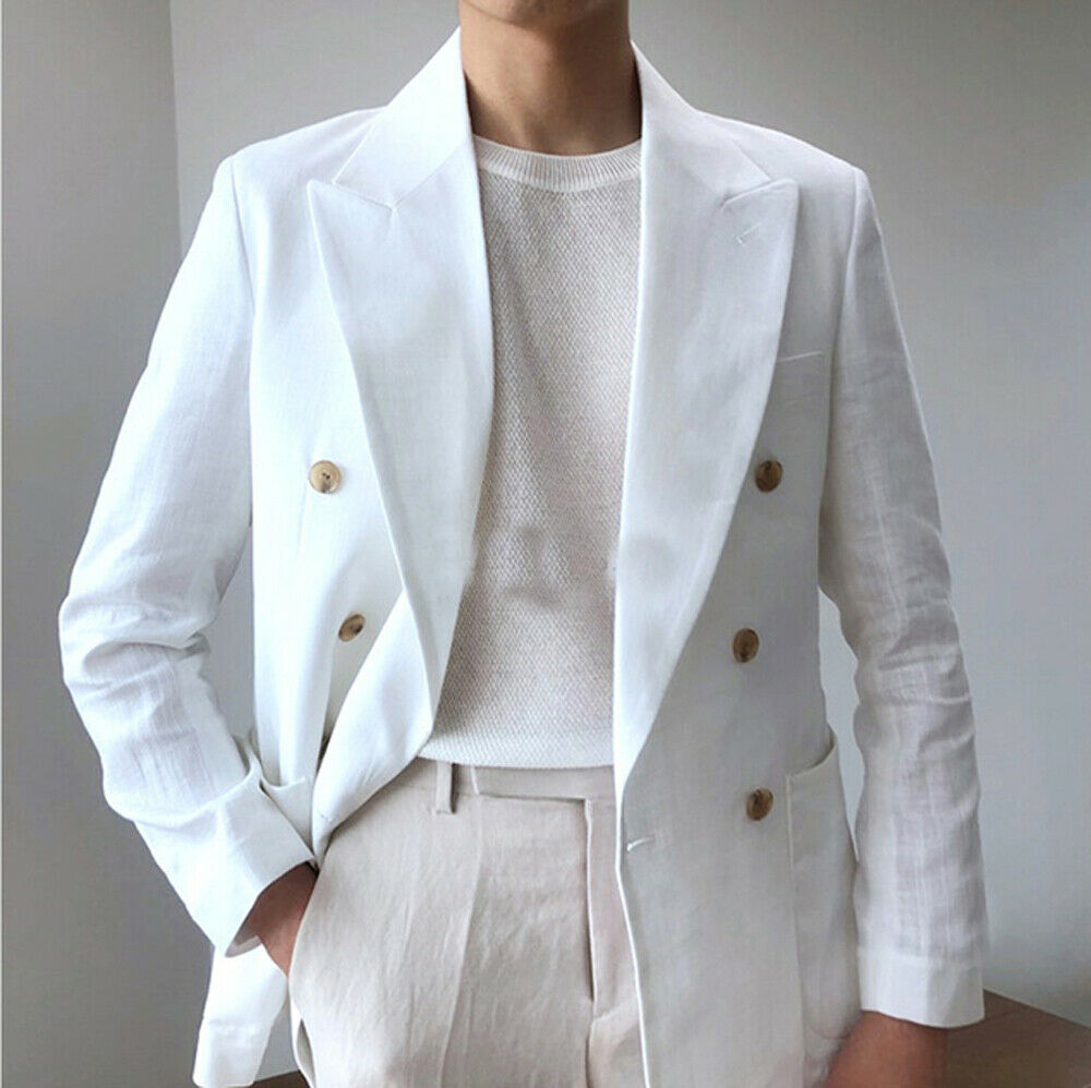 White Linen Men Tuxedos Groom Wedding Suits Peaked Lapel Beach Best Man Wear Slim Fit Prom Party Blazer Jacket Only One Piece