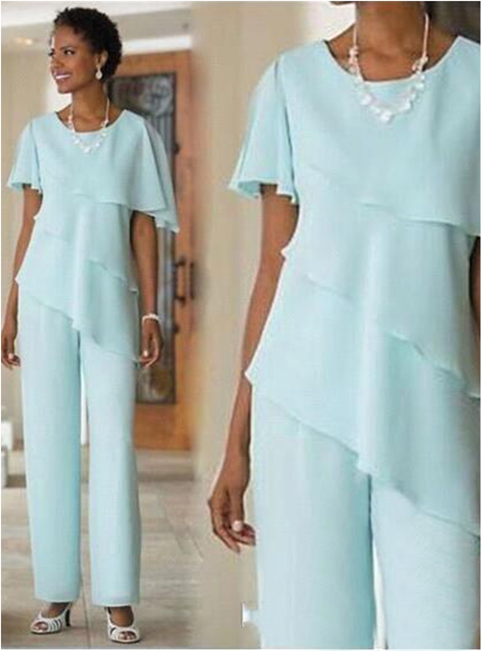 New Mother of the Bride Dresses Pant Suits Wedding Guest Dress Silk Chiffon Short Sleeve Tiered Mother of Bride Pant Suits