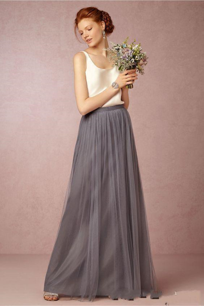 2019 New Arrival BHLDN Light Blue Two Pieces Bridesmaid Dresses Soft Tulle Floor Length Country Style Cheap Beach Bridesmaid Gowns