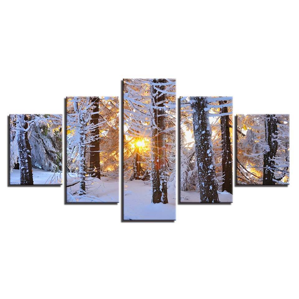 Modern Home Wall Art Decor Pictures 5 Pieces Sunrise Woods Snowfield Winter Landscape Painting Canvas For Living Room (No Frame)