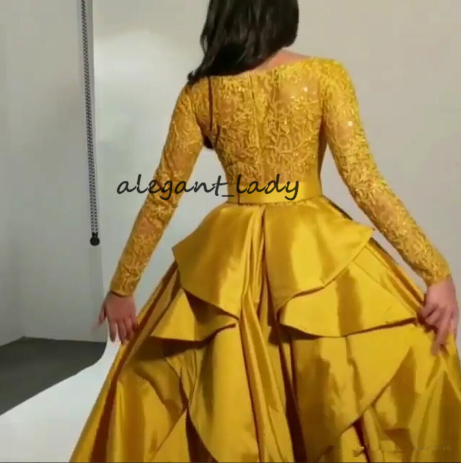 Gold Luxury Long Sleeve Prom Formal Dresses 2019 High Neck Lace Stain Plus Size Arabic Dubai Muslim Kaftan Occasion Evening Wear Gowns