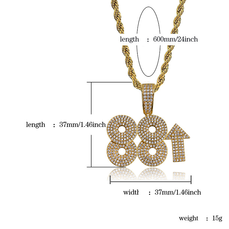 88 Rising Rich Chigga Pendant Necklace Hip Hop Full Cubic Zirconia with Silver Gold Twist Chain