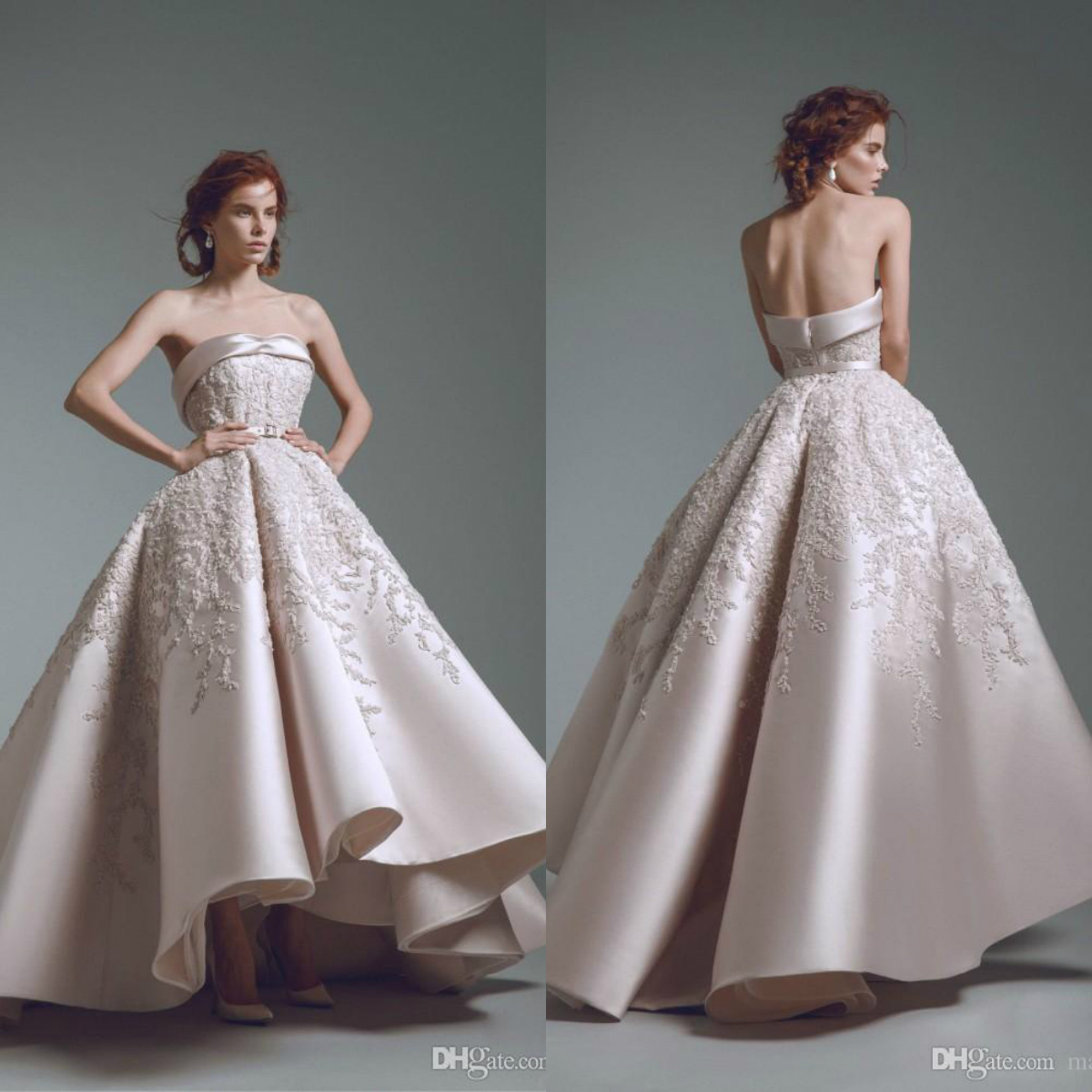 alfazairy high low prom dresses strapless beads lace appliqued satin a line party evening gowns vintage custom formal occasion dress