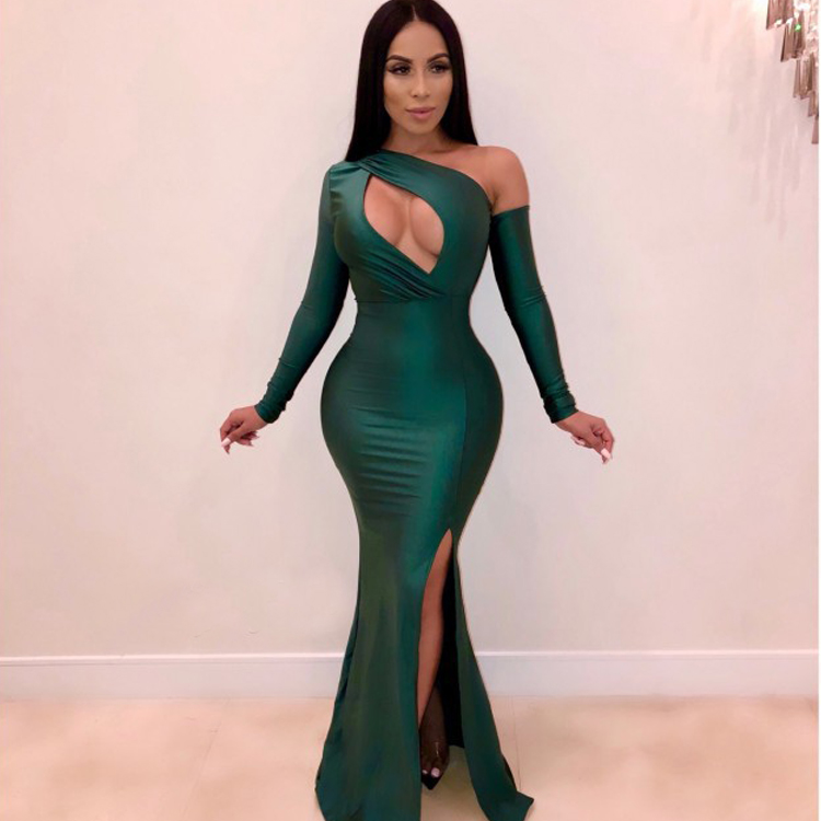 Sexy Women Slim Fit Evening Dresses One Shoulder High Slits Party Dresses Long Sleeve Floor Length Women Clothes