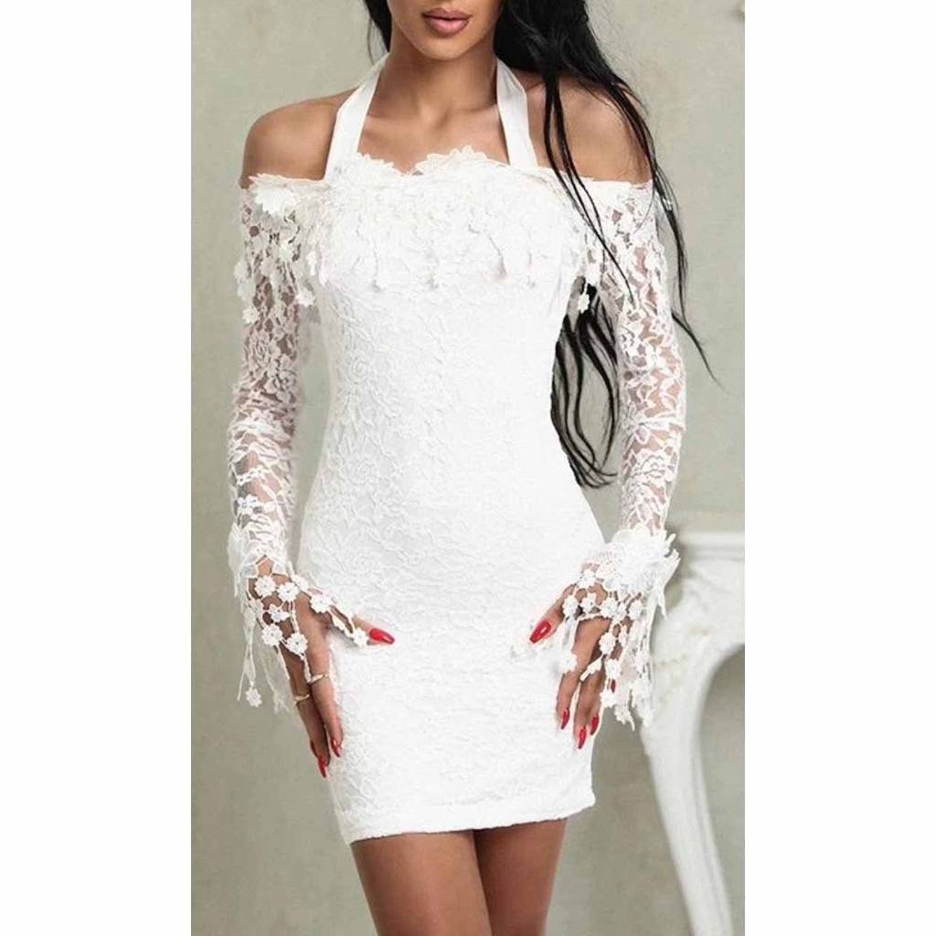 Fashion White Women Halter Party Dress Elegant Bateau Bodycon Dress Long Sleeve Off Shoulder Lace