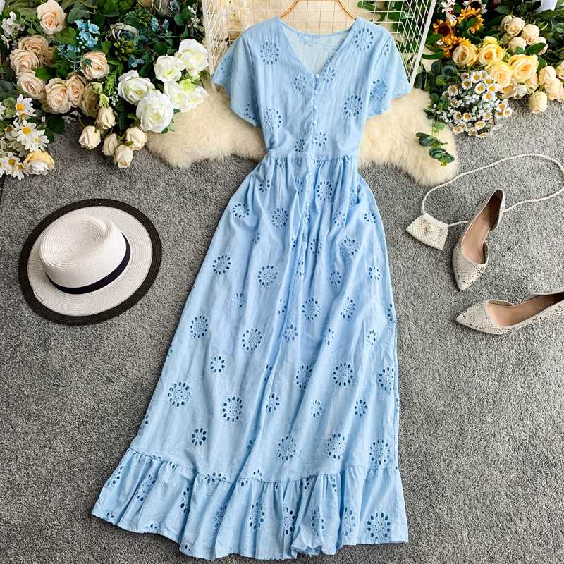 2020 New Summer Clothes For Women Short Sleeve V-neck Slim A-line Robe Fashion Hollow Ladies Solid Boho Sandy Beach Maxi Dress
2020 New Summer Clothes For Women Short Sleeve V-neck Slim A-line Robe Fashion Hollow Ladies Solid Boho Sandy Beach Maxi Dress
