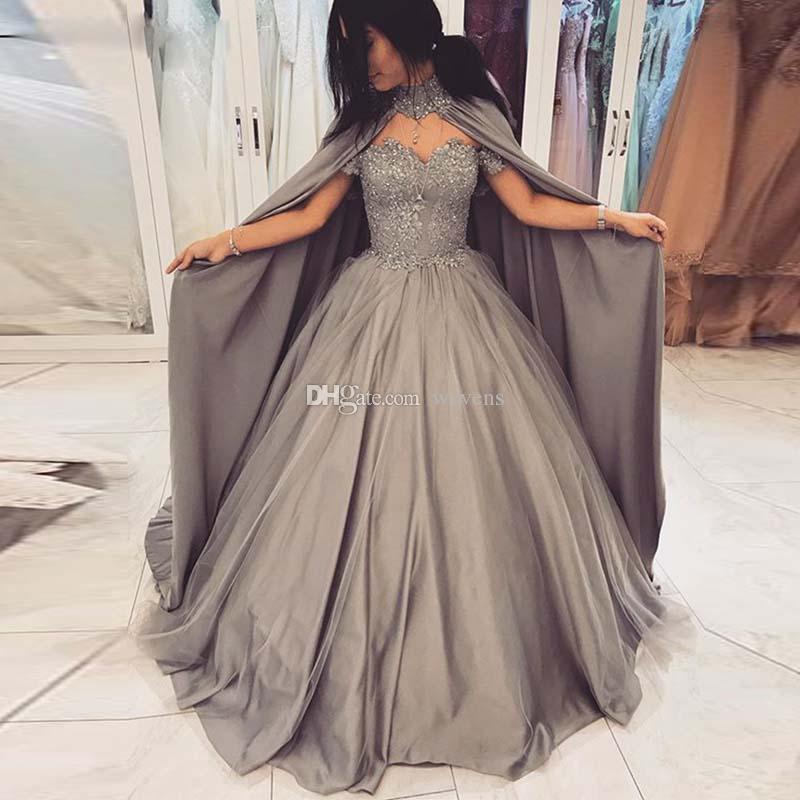 

Grey Ball Gown Off the Shoulder Quinceanera Dresses with Cape Lace Appliques Sequined Prom Gown Puffy Skirt Long Sweet 16 Pageant Dress, Gold