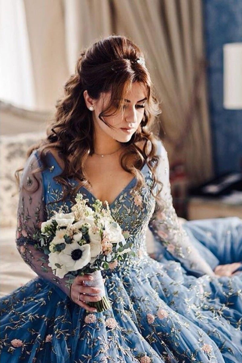 Fancy Long Sleeve Prom Dresses 2019 V Neck Lace Applique Boho Bridal Gowns Custom Made Real Image
