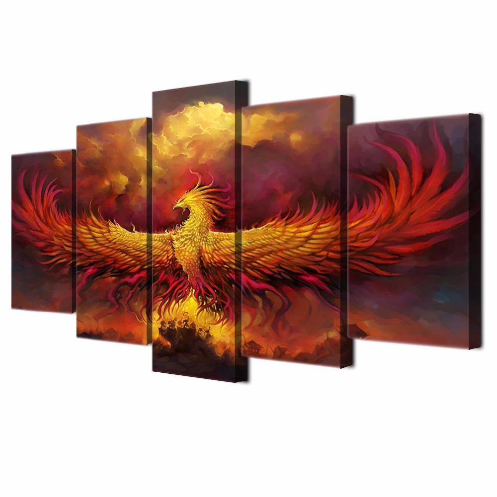 No Frame 5 Pieces Home Decor Wall Art Picture Abstract Fire Phoenix Animals Oil Painting Printed on Canvas for Living Room Decor