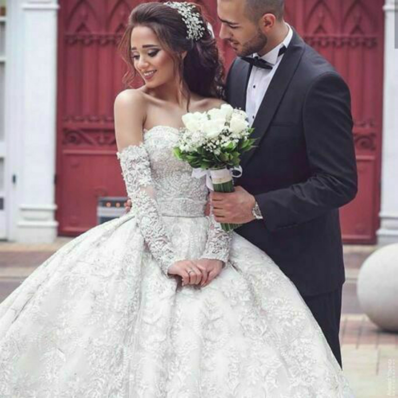 new luxury ball gown wedding dresses lace beading sweetheart bridal gowns long sleeve sequins sweep train wedding vestidos de novia