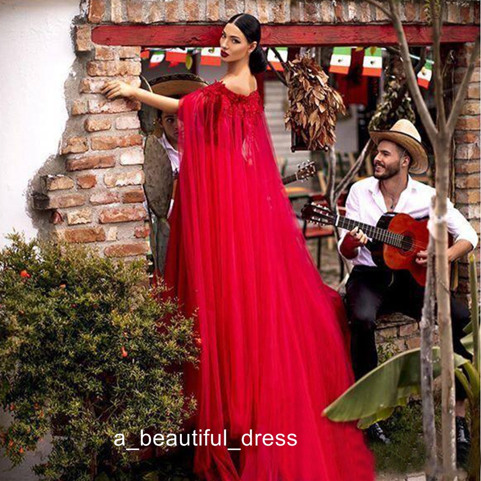 Red A Line prom Dresses Off Shoulder Lace Appliques Draped Tulle Red Carpet Dress with Cape Celebrity Gowns ogstuff robes de soirée PD5568