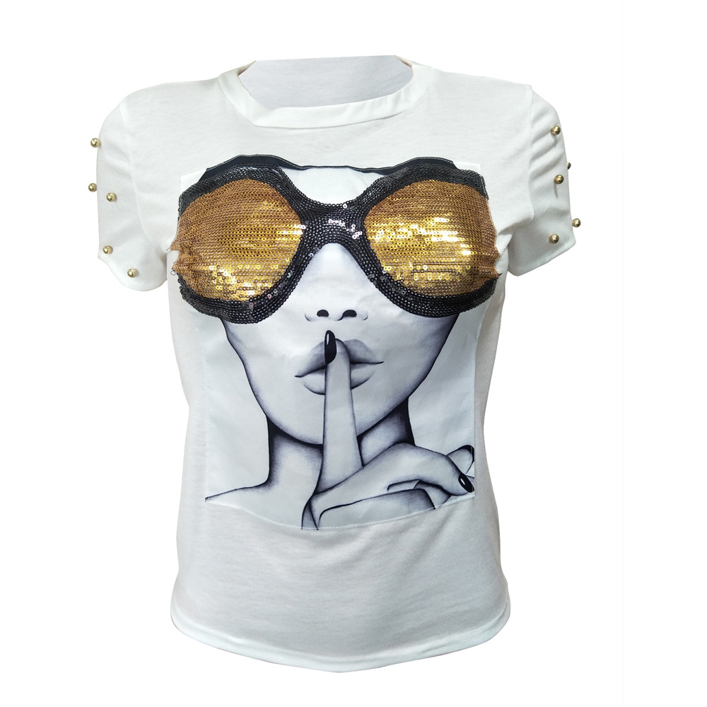 Summer Sexy T shirt Women Short Sleeve Sequins Shirts Women O-Neck Black Top Tee Women Clothing