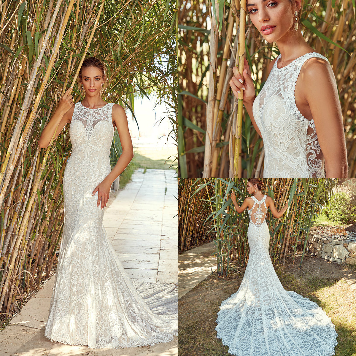 Eddy K Mermaid Wedding Dresses Lace Jewel Neck Sweep Train Sleeveless Beach Wedding Dress Button Back Plus Size Country Bridal Gowns