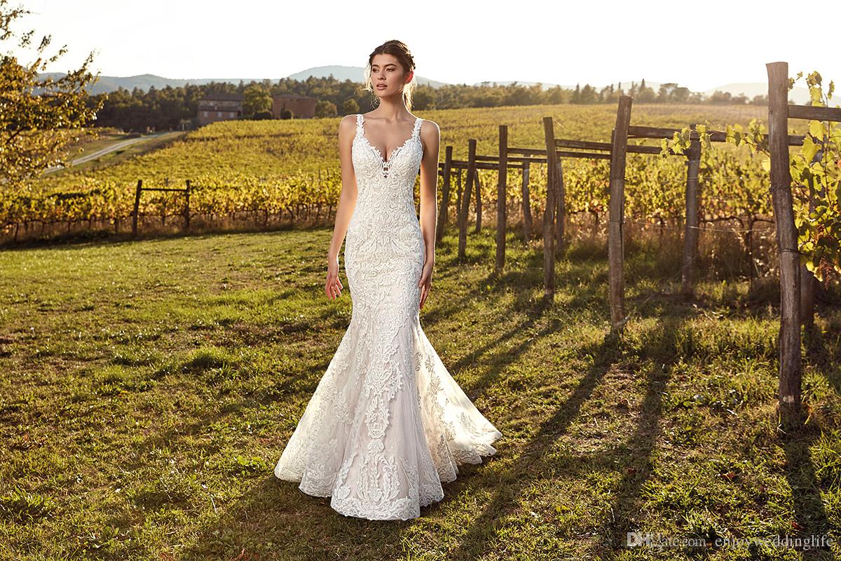 Sexy Illusion Back Lace Mermaid Wedding Dresses 2020 Eddy K Straps Deep V Neck Appliques Tulle Summer Garden Bridal Gowns