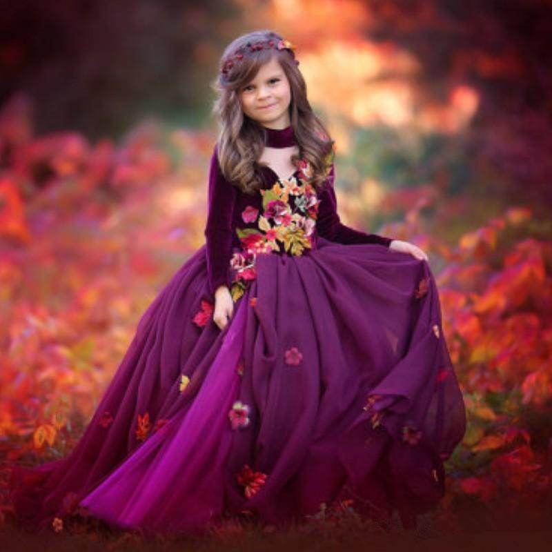 Top Velvet 2020 Flower Girl Dresses For Weddings V Neck Long Sleeve Girls Pageant Dress Floor Length Kids Birthday Communion Dress