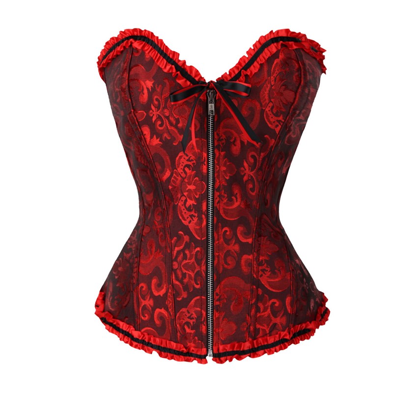 Frill Jacquard Brocade Corset Wholesale Plus size Zipper Lace up Back Women Ribbon Floral Embroidery Overbust Sexy Dance Corse Bustier