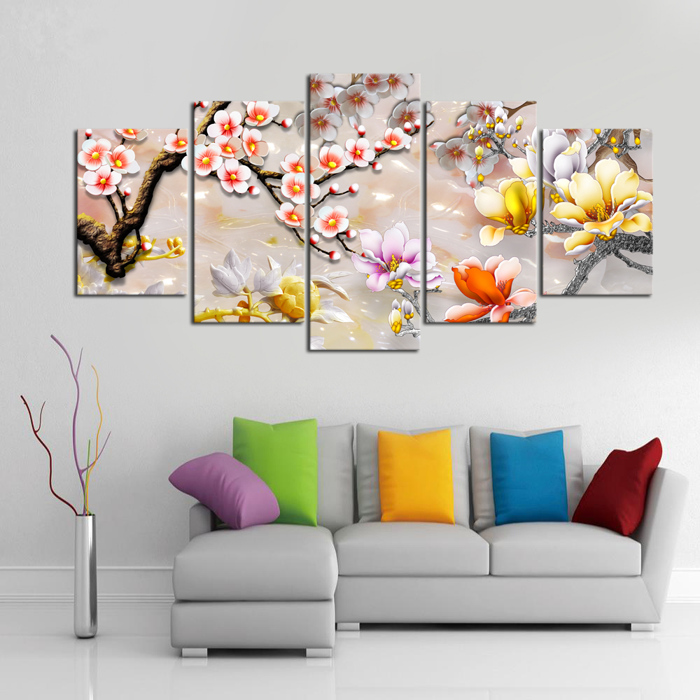 HD 5PCS/Set Plum Blossom Flower Art Print Frameless Canvas Painting Wall Picture Home Decoration (No Frames)