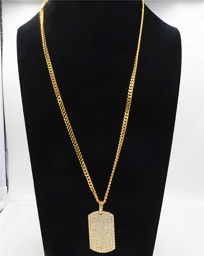 2020 mens jewelry Vintage Men's Pendant Filled Iced Out Rhinestone Gold Color Charm Square Dog Tag Necklace With Cuban Chain Hip Hop Jewelry