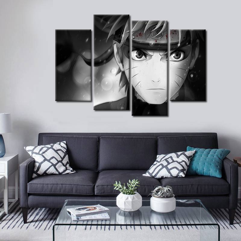 4 Panel Unframed Naruto Close-up Rain and Blood Anime Poster Print On Canvas Wall Art Picture For Home and Living Room Decor
