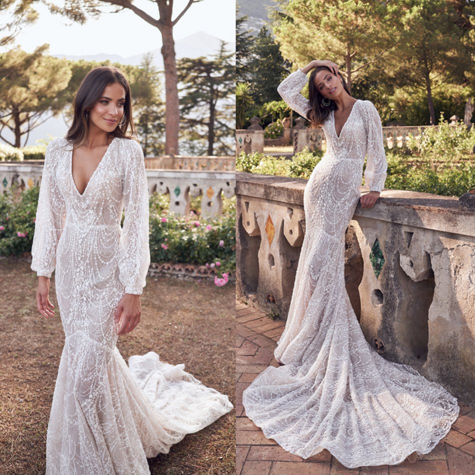 2020 Elegant Mermaid Wedding Dresses V Neck Lace Appliques Long Sleeve Vestidos De Novia Sweep Train Custom Made Country Wedding Dress