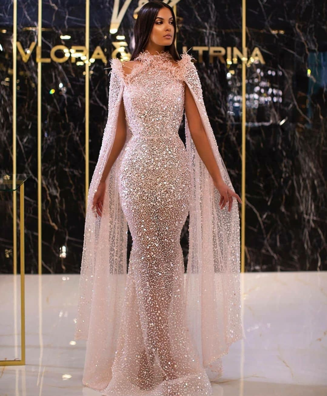 See Through Mermaid Prom Dresses with Cape Sequined Feather Illusion Evening Gowns 2020 Custom Made Celebrity Dress