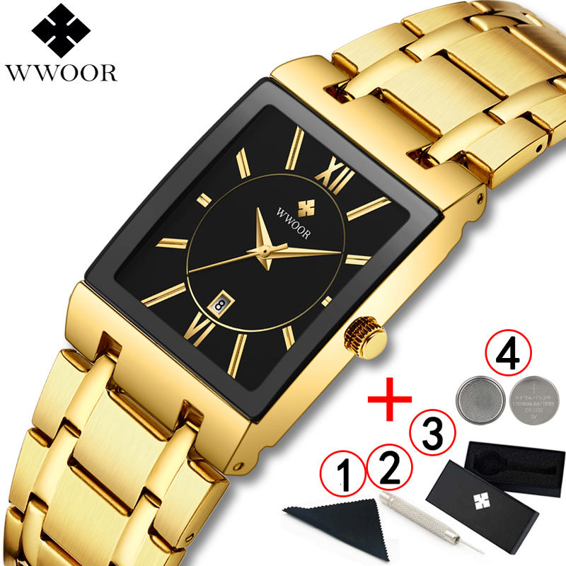 Men Watches Top Brand Luxury WWOOR Gold Black Square Quartz watch men 2019 Waterproof Golden Male Wristwatch Men watches 2019 CJ191213