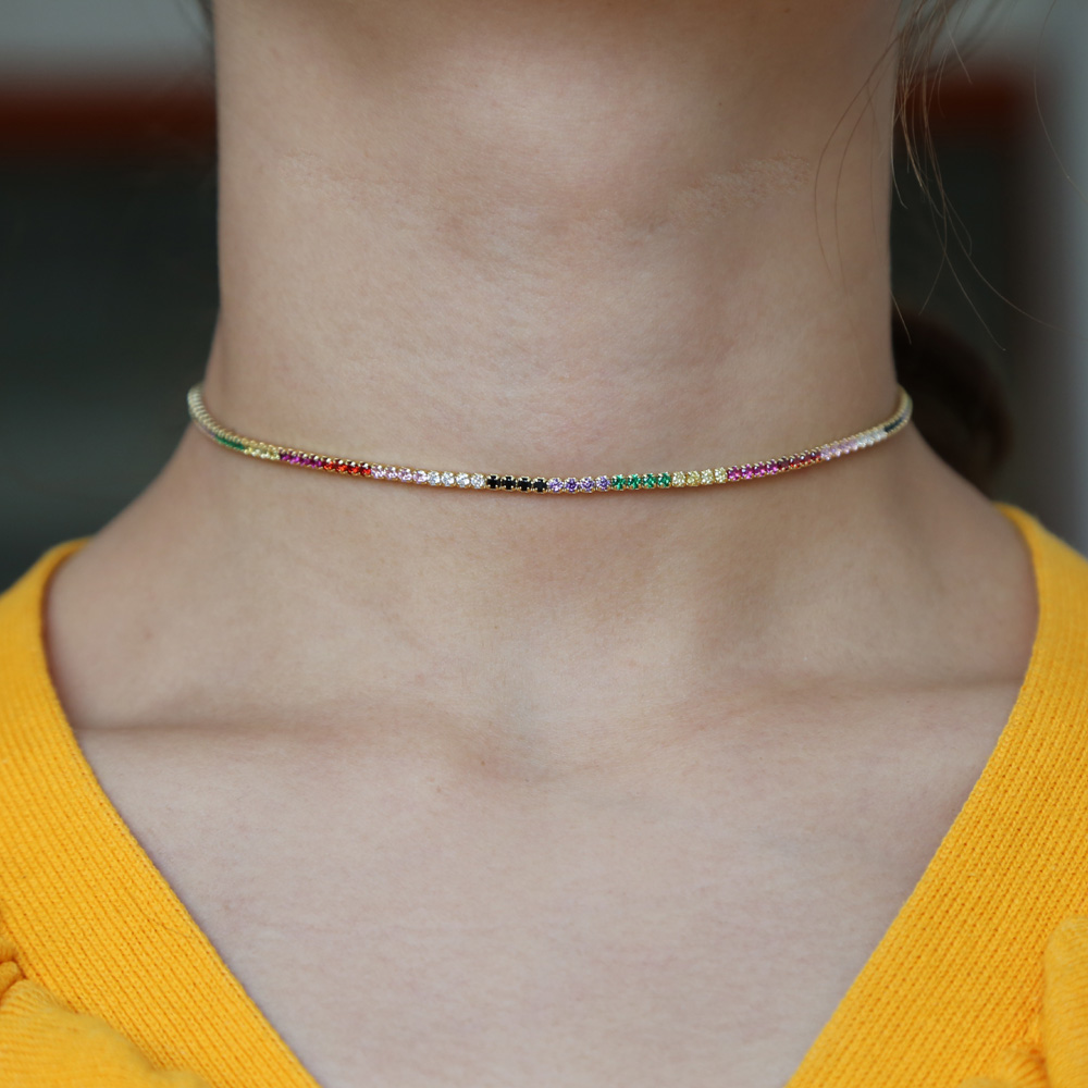 fashion new dainty multi color Tennis link Chain Necklaces with Dazzling gold Color rainbow tiny CZ charm Choker For Women gifts