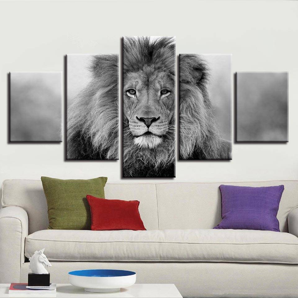 Canvas Pictures Modular Wall Art 5 Pieces Animal Lion Painting Living Room HD Prints Black And White Poster Home Decor(No Frame)
