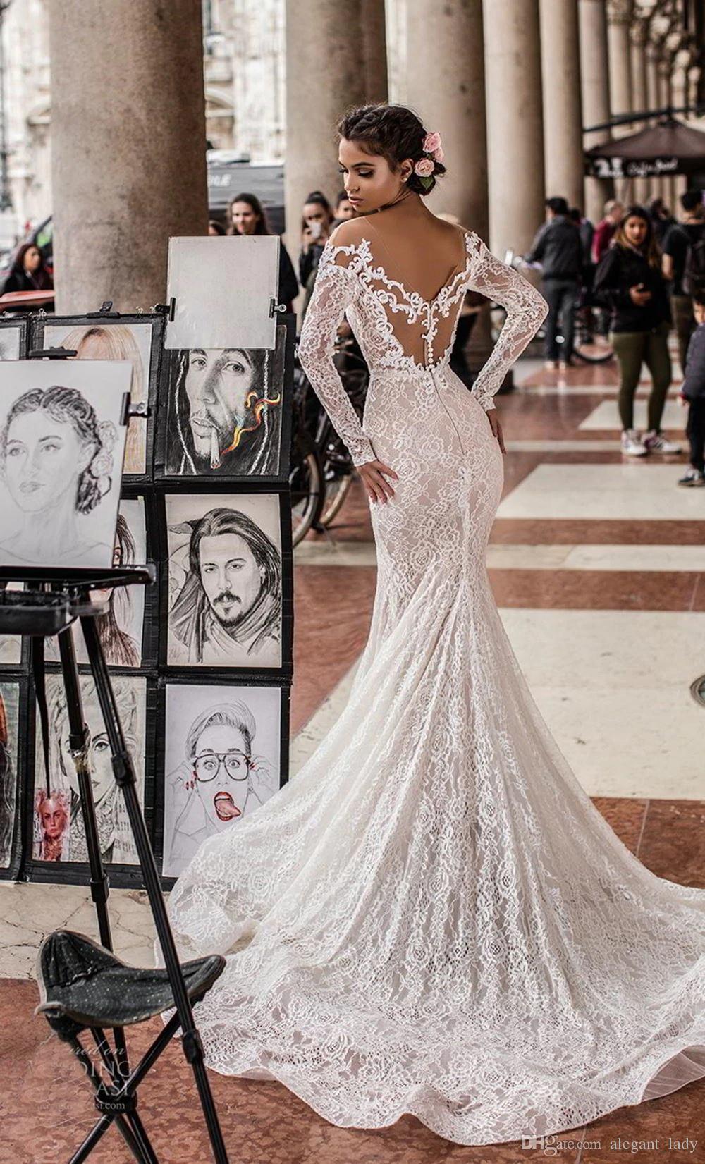 Sexy Designer New Mermaid Dresses With Long Sleeve V Neck Low Back Lace Applique Wedding Dress Bridal Gowns Robe De Mariee