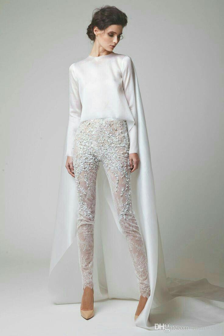 White Jumpsuits Prom Dresses With Cape Beads Long Sleeves Evening Dress Pants Fashion Lace Formal Gowns Vestido De Festa