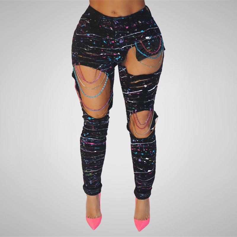Plus Size New Sexy Jeans with Holes Color Paint Color Chains Ripped Jeans Woman Holes Denly Skinny Pencil Full 2019 Summer
Plus Size New Sexy Jeans with Holes Color Paint Color Chains Ripped Jeans Woman Holes Denly Skinny Pencil Full 2019 Summer
