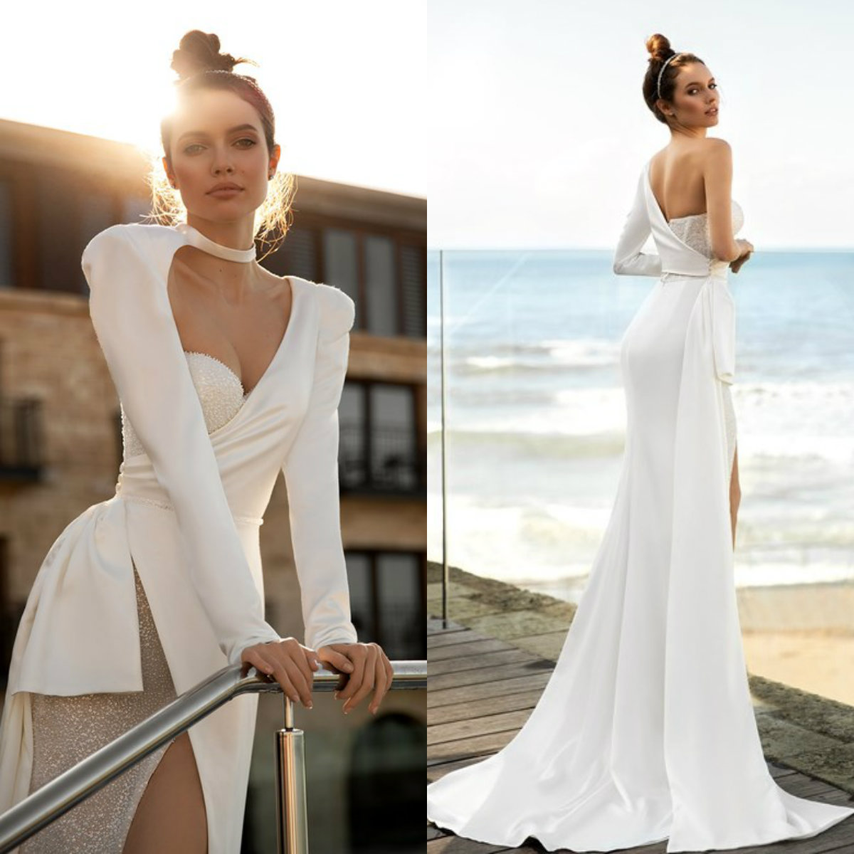Modest One Shoulder Wedding Dresses Side Split Glitter Mermaid Satin Bridal Gowns Ruched Long Sleeve Sexy vestido de novia