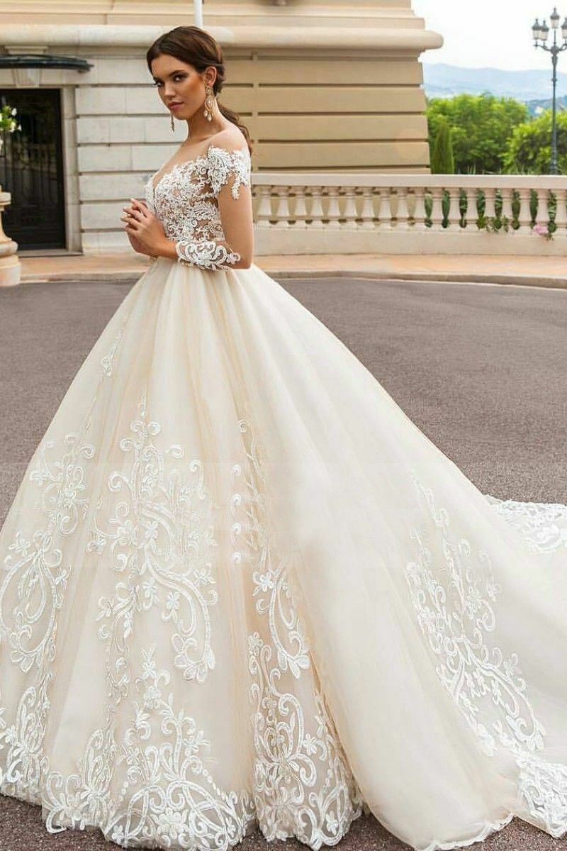 champagne ball gown dresses sheer sweetheart long sleeves bridal gowns lace appliqued tulle wedding dress