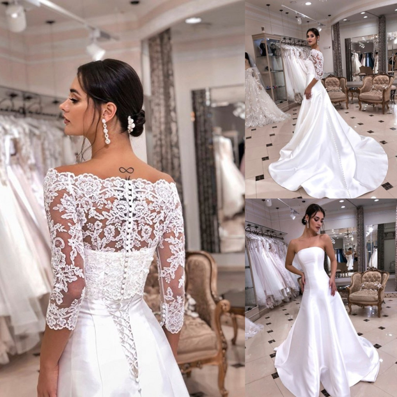 2020 Modern Strapless Wedding Dresses With Removable Jacket Half Sleeves Bohemian Bridal Gowns With Lace Appliques Court Train, Silver
2020 Modern Strapless Wedding Dresses With Removable Jacket Half Sleeves Bohemian Bridal Gowns With Lace Appliques Court Train, Silver