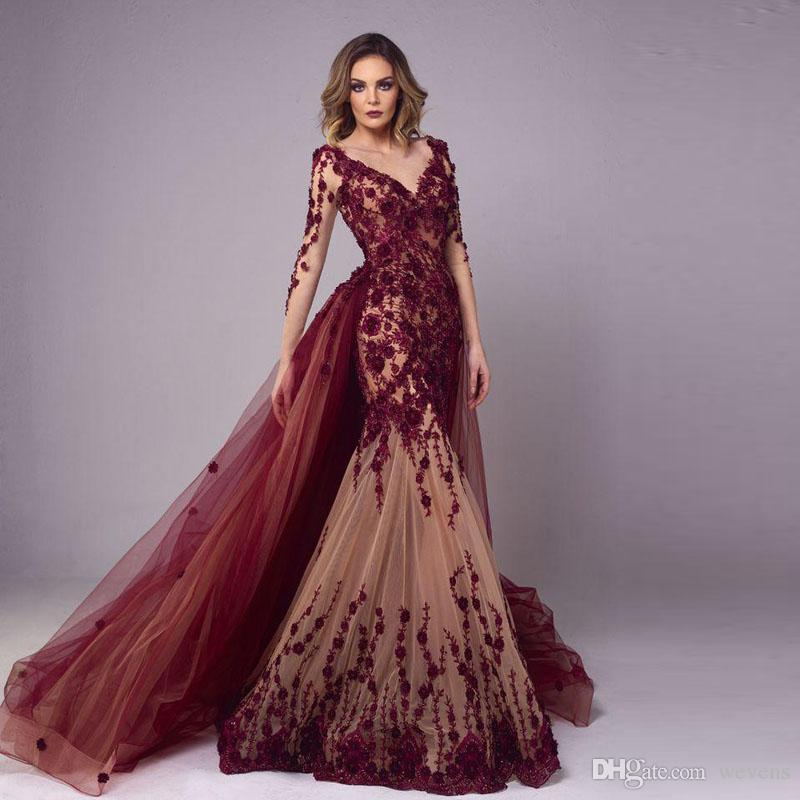 2019 Arabic Burgundy Evening Dresses With Overskirts V Neck Long Sleeves Mermaid Prom Dress Lace Appliqued Floor Length Party Gowns custom