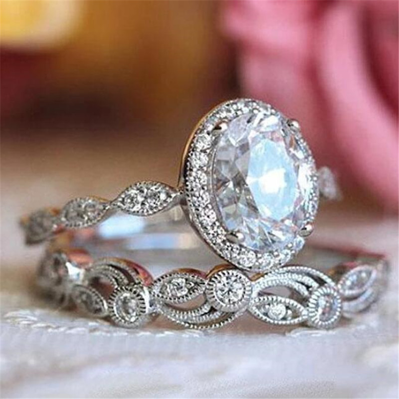 Unique Vintage Jewelry 925 Sterling Silver Oval Cut White Topaz CZ Diamond Gemstones Couple Ring Women Wedding Flower Bridal Ring Set Gift