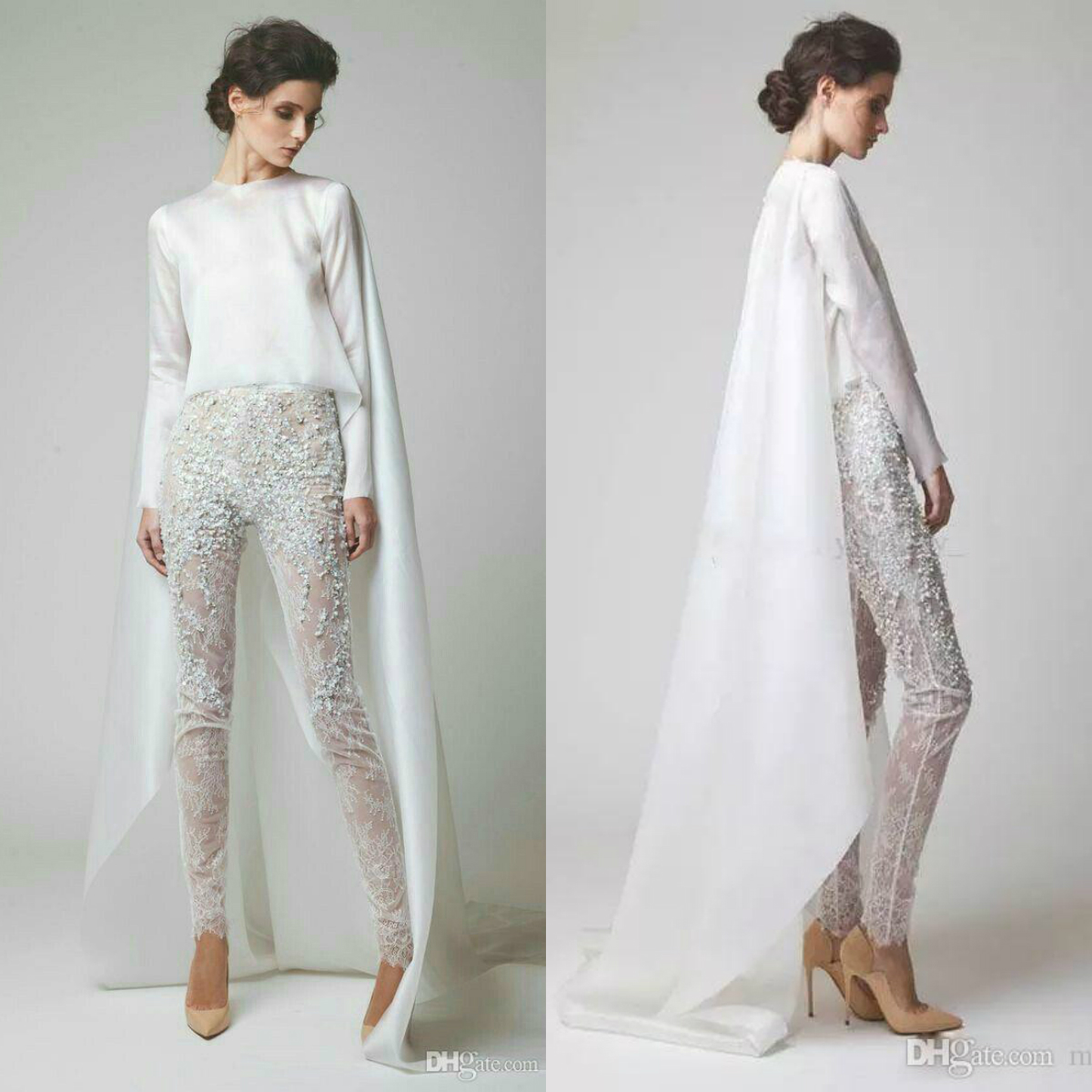 White Jumpsuits Prom Dresses With Cape Beads Long Sleeves Evening Dress Pants Fashion Lace Formal Gowns Vestido De Festa