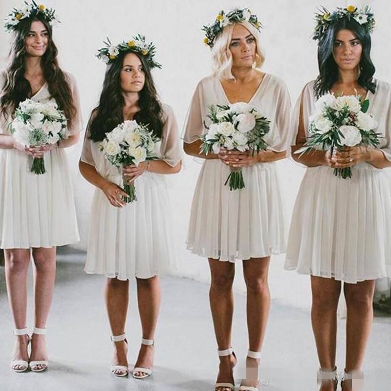 White Short Sleeves Beach Bridesmaid Dresses Knee Length V Neck Ruched Plus Size Summer Wedding Guest Party Formal Wear 0505