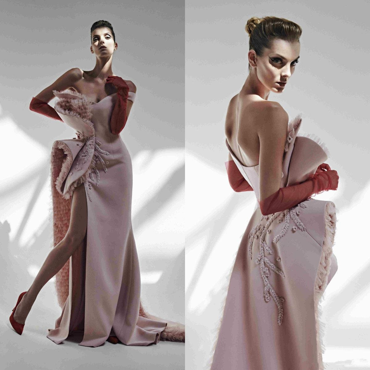 azzi osta high split evening dresses pink tulle one shoulder sweep train embroidery mermaid prom dress custom made robes de soire