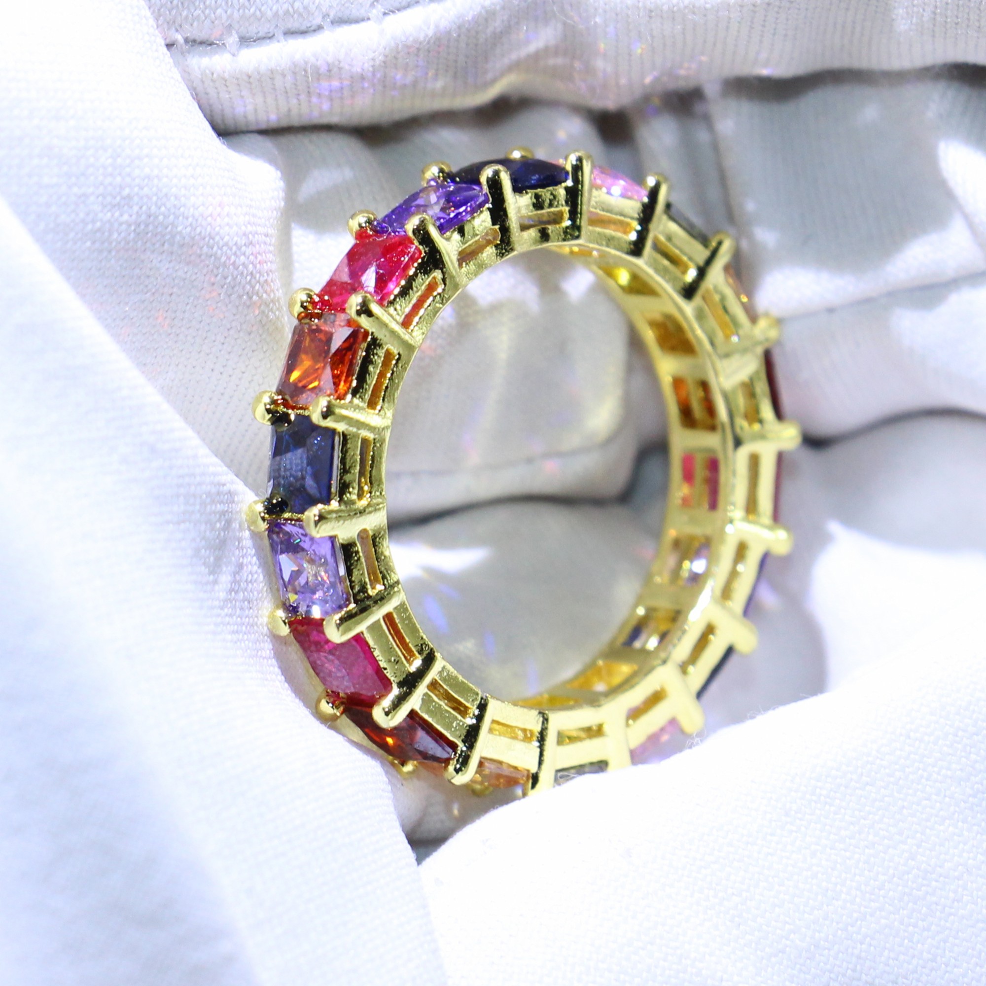 Size 5-10 New Arrival Hot Sale Luxury Jewelry 925 Sterling Silver&Gold Fill Princess Cut Multi Topaz CZ Diamond Seven Color Women Band Ring