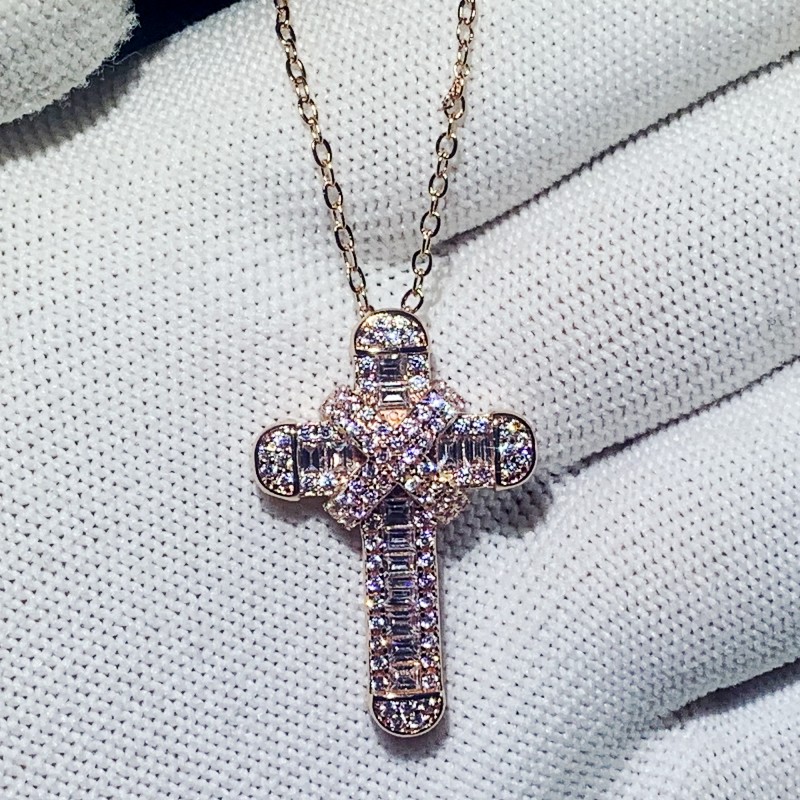Choucong Unique Luxury Jewelry 925 Sterling Silver&Rose Gold Fill Full Princess Cut White Topaz CZ Diamond Cross Pendant Clavicle Necklace