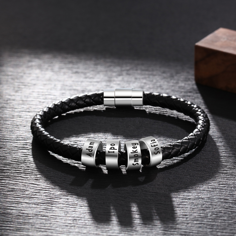 JewelOra 925 Sterling Silver Personalized Custom 2- 5 Names Beads Bracelets for Men Charm Black Braided Leather Bracelet Jewelry CX200704