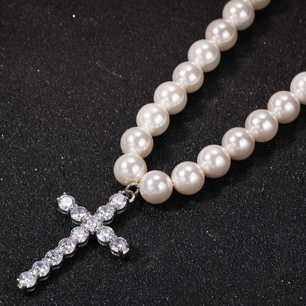Wholesale-8-10mm Pearl Necklace Hip Hop CZ Stone Bling Iced Out Pendants Necklace with Pearl Beaded Link Chain for Men Rapper Jewelry