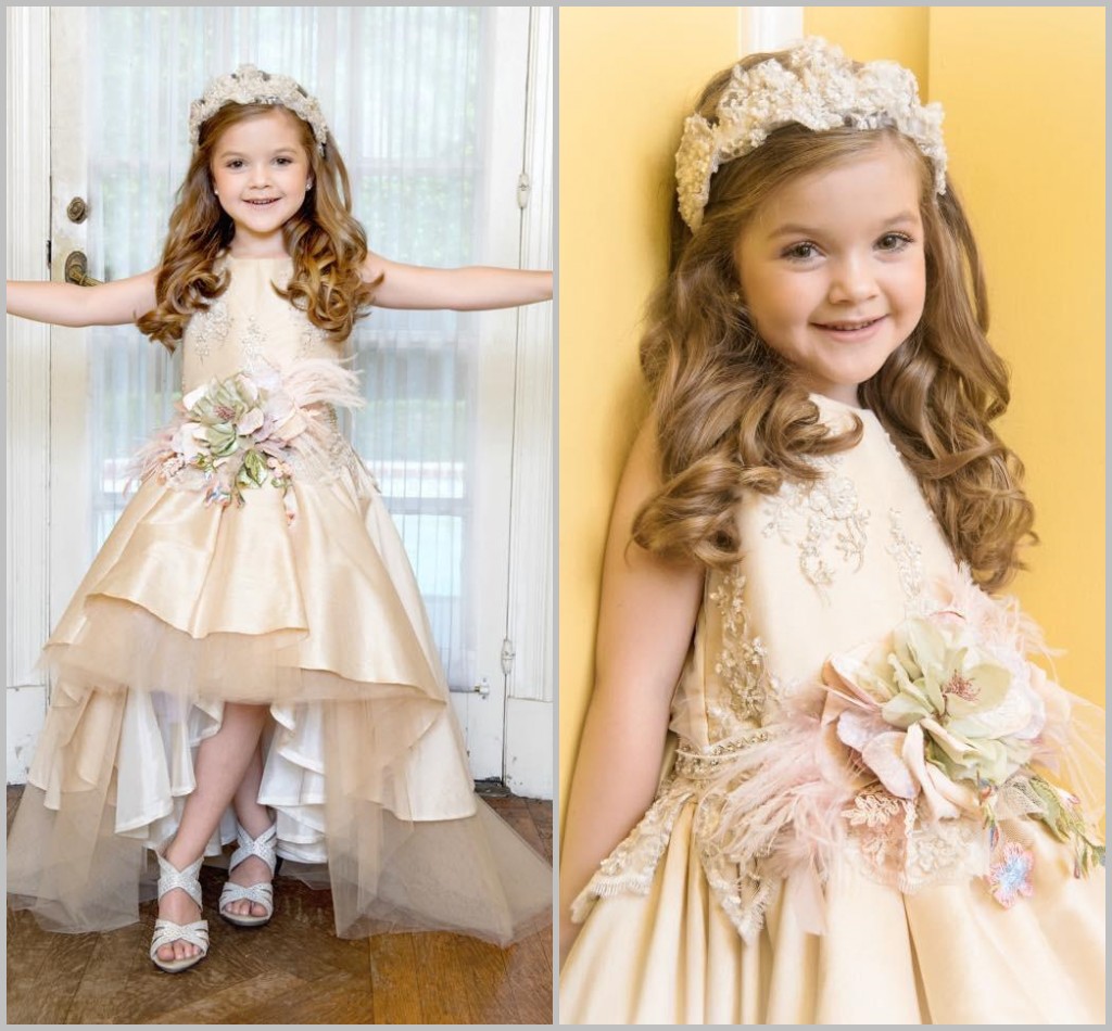 Vintage High Low Flower Girls Dresses For Weddings Pearls A Line Satin Princess Dress For little Girl Sleeveless Champagne Pageant Gowns