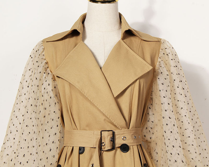 GETSRING Women Trench Coat Khaki Cotton Windbreakers Lantern Sleeve Spliced Double Breasted Coat Lace Up Slim Long Overcoat