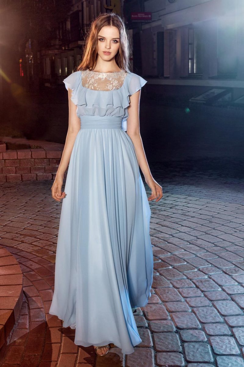2020 Papilio Evening Dresses Chiffon Jewel Neck Floor Length A Line Prom Dress Light Blue Cocktail Gowns Party Wear